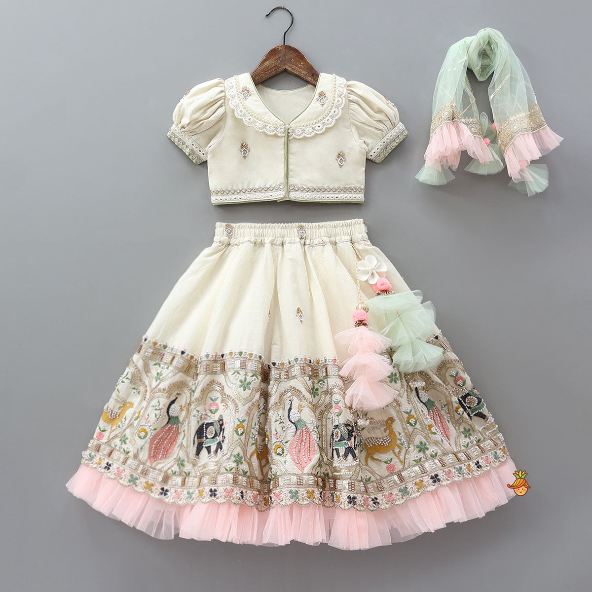 Pre Order: Peter Pan Collar Top And Embroidered Lehenga With Net Dupatta