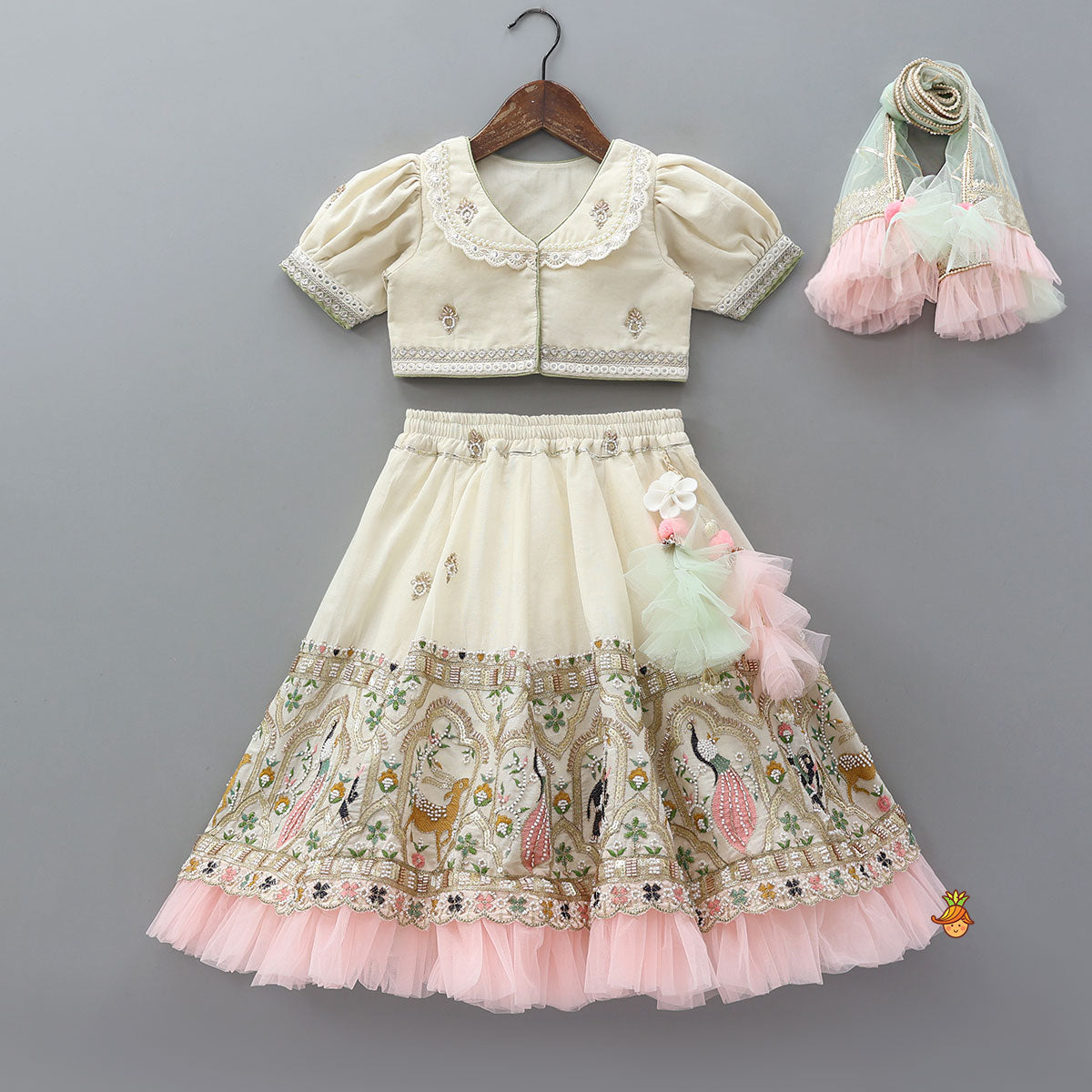 Pre Order: Peter Pan Collar Top And Embroidered Lehenga With Net Dupatta