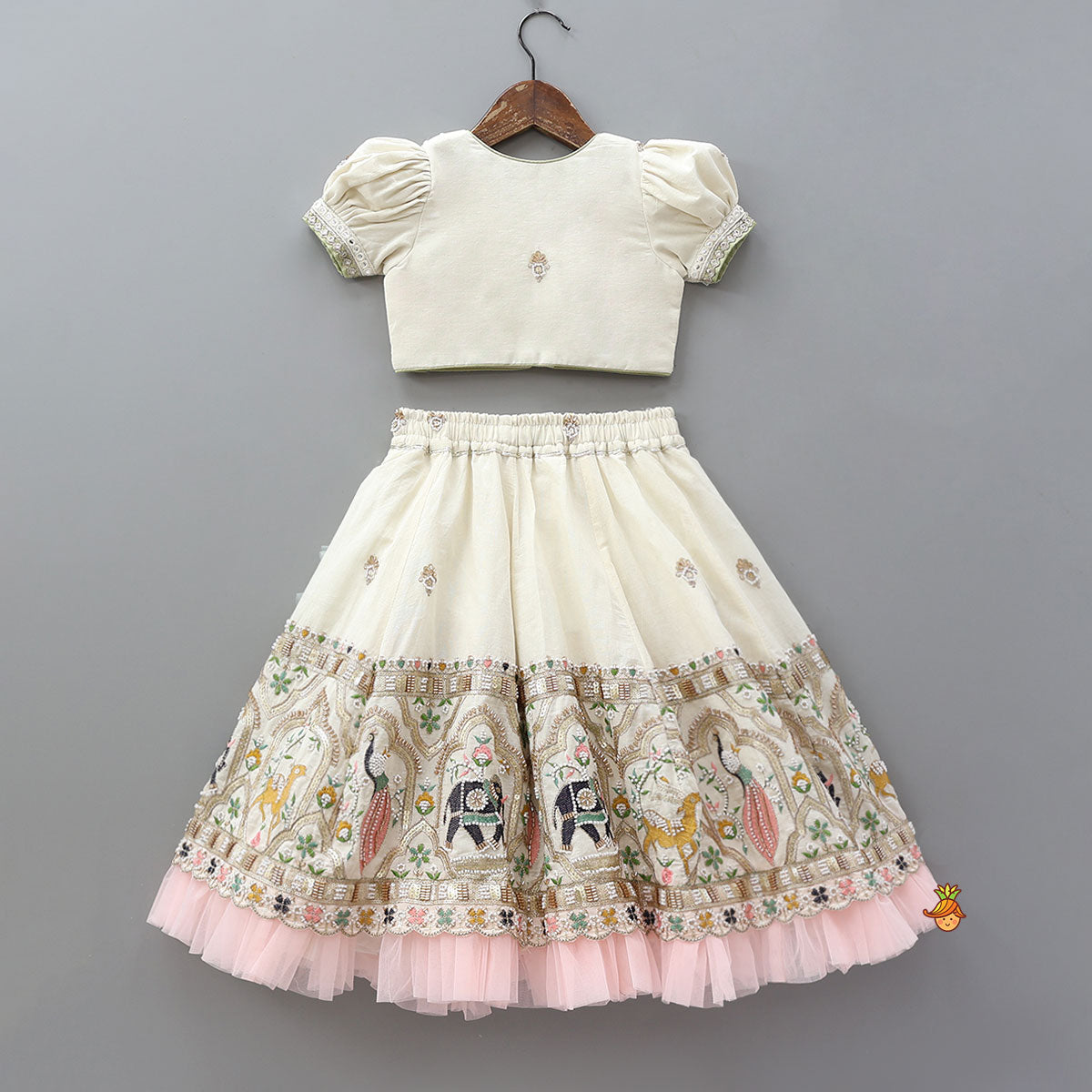 Pre Order: Peter Pan Collar Top And Embroidered Lehenga With Net Dupatta