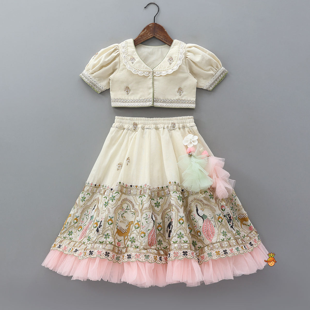 Pre Order: Peter Pan Collar Top And Embroidered Lehenga With Net Dupatta