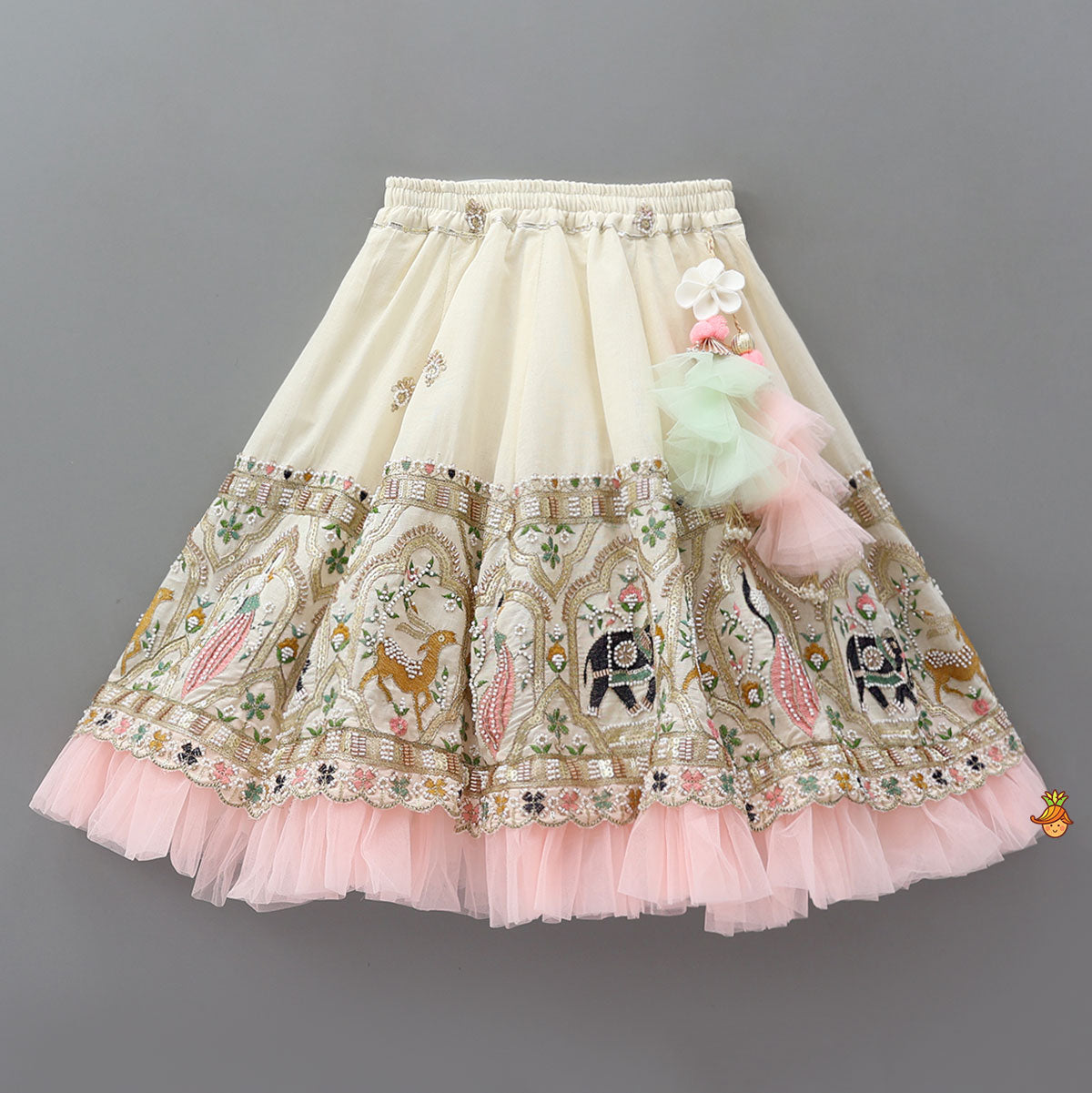 Pre Order: Peter Pan Collar Top And Embroidered Lehenga With Net Dupatta