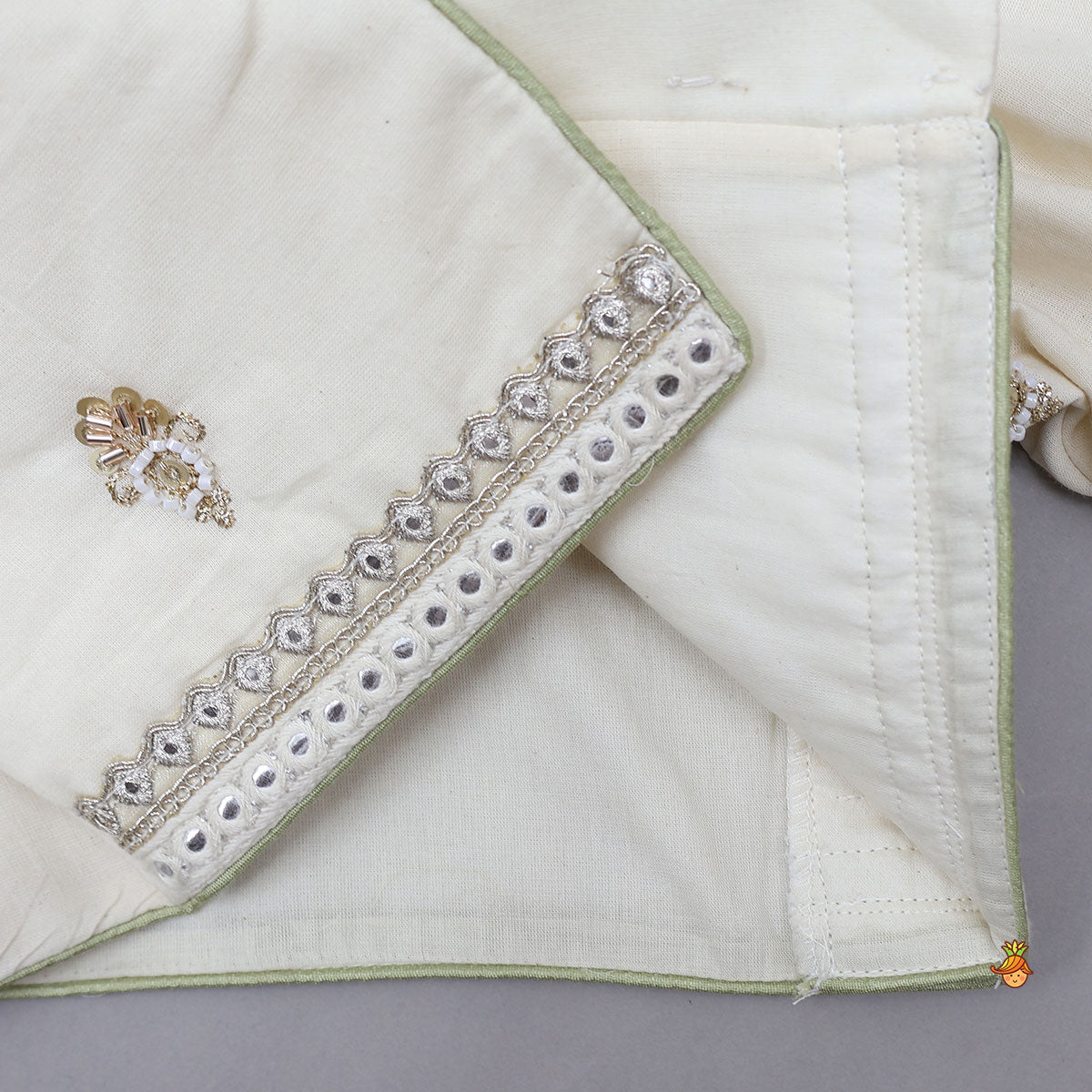 Pre Order: Peter Pan Collar Top And Embroidered Lehenga With Net Dupatta