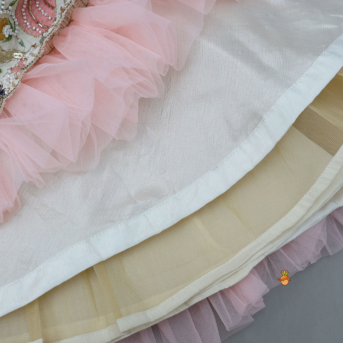 Pre Order: Peter Pan Collar Top And Embroidered Lehenga With Net Dupatta