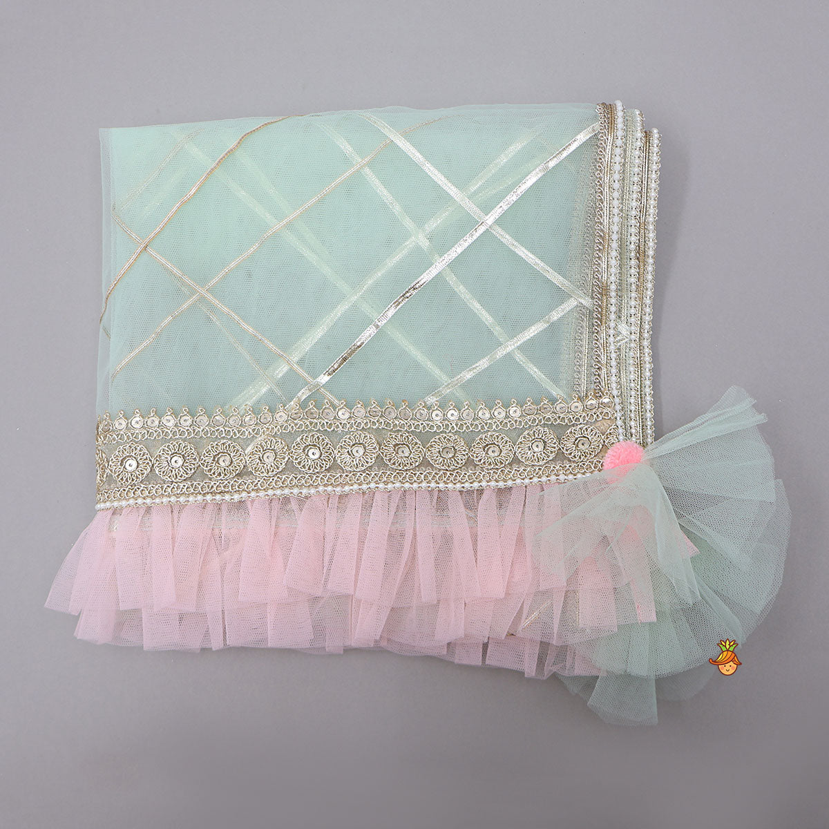 Pre Order: Peter Pan Collar Top And Embroidered Lehenga With Net Dupatta