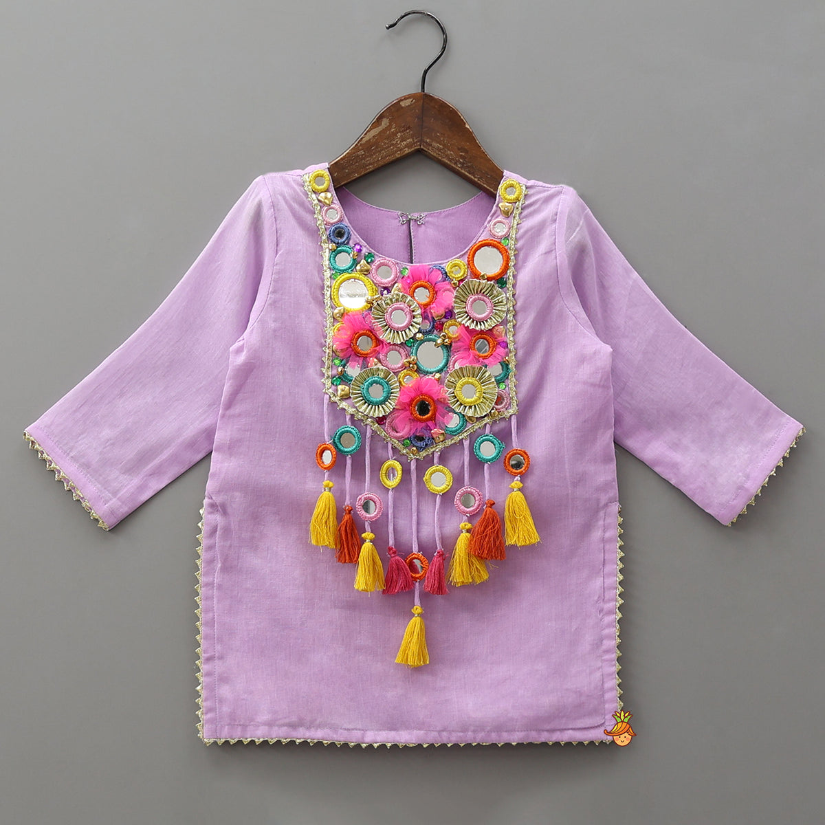 Multicolour Mirror Work Embellished Kurti With Sharara And Dupatta