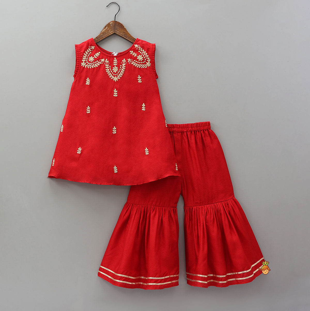 Pre Order: Pleated Armhole Kurti And Sharara With Matching Dupatta