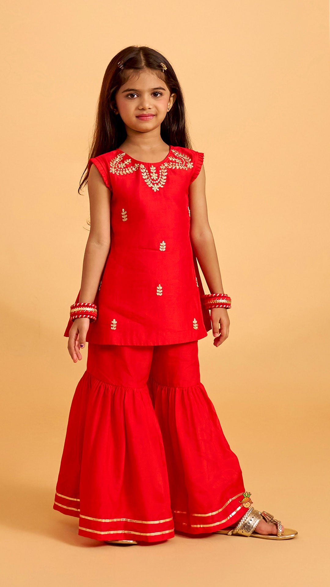 Pre Order: Pleated Armhole Kurti And Sharara With Matching Dupatta