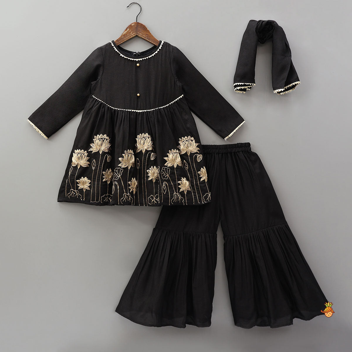 Pre Order: Floral Embroidered Kurti And Sharara With Matching Dupatta