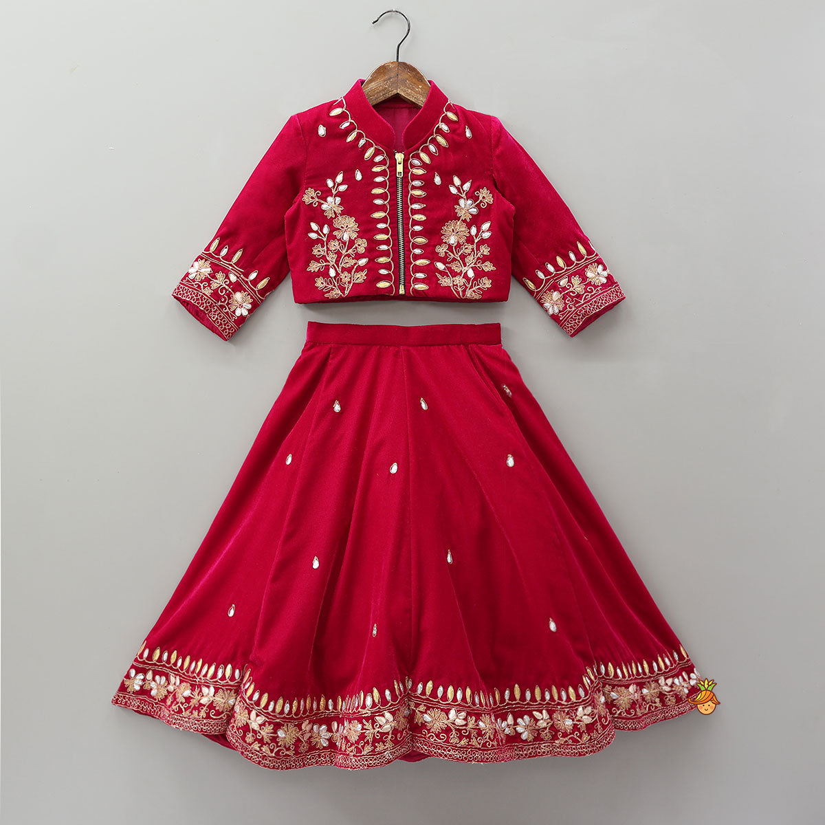 Pre Order: Stand Collar Velvet Top And Lehenga