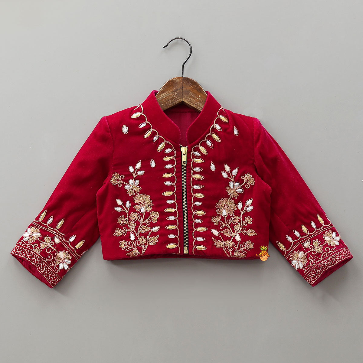 Pre Order: Stand Collar Velvet Top And Lehenga