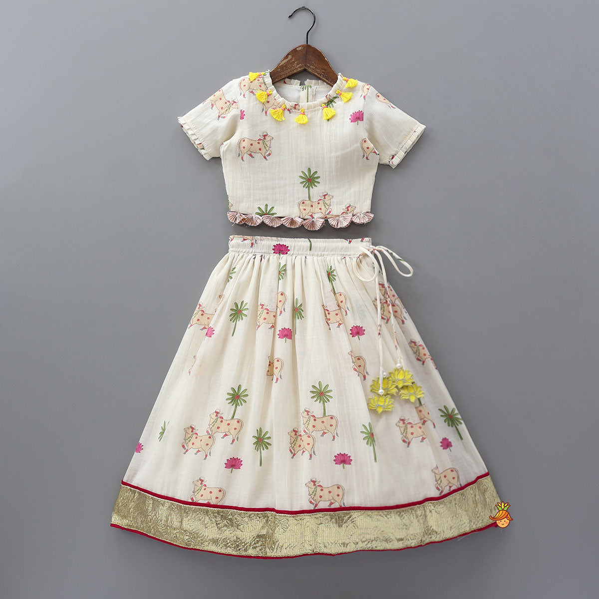 Pre Order: Adorable Printed Top With Fringed Detailing And Lehenga