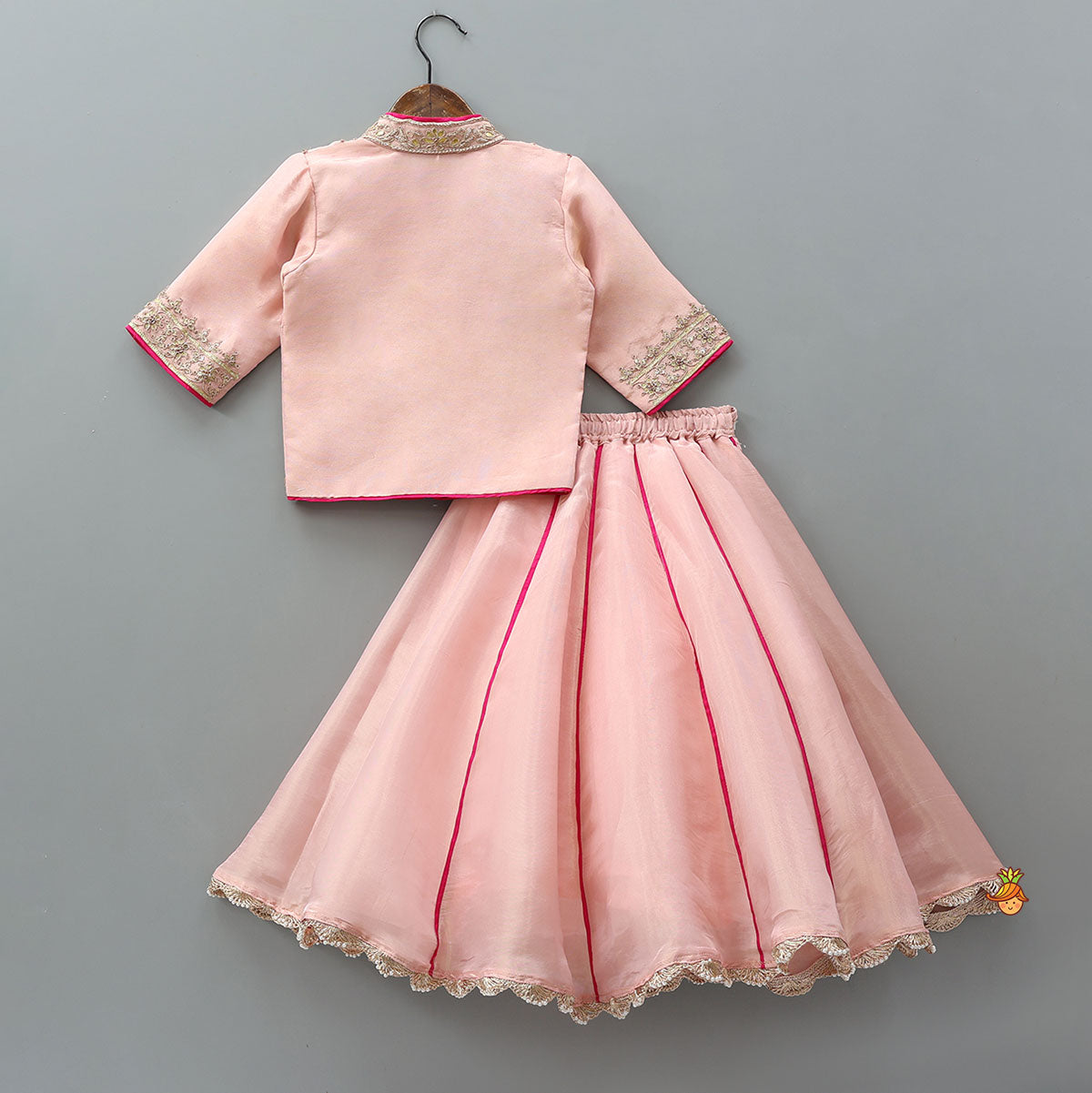 Pre Order: Jacket-Style Embroidered Top And Lehenga