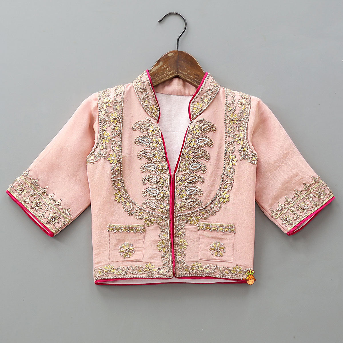 Pre Order: Jacket-Style Embroidered Top And Lehenga