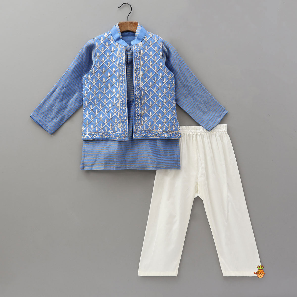 Pre Order: Striped Mandarin Collar Kurta With Open Jacket And Pyjama