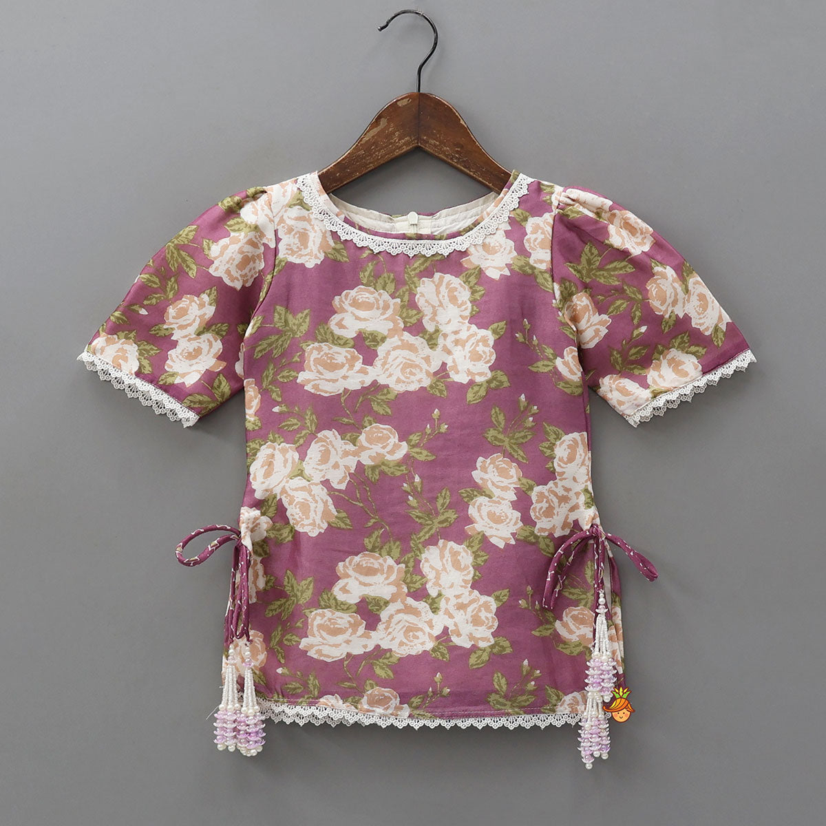 Pre Order: Side Knot Detail Floral Printed Kurti And Pant With Dupatta