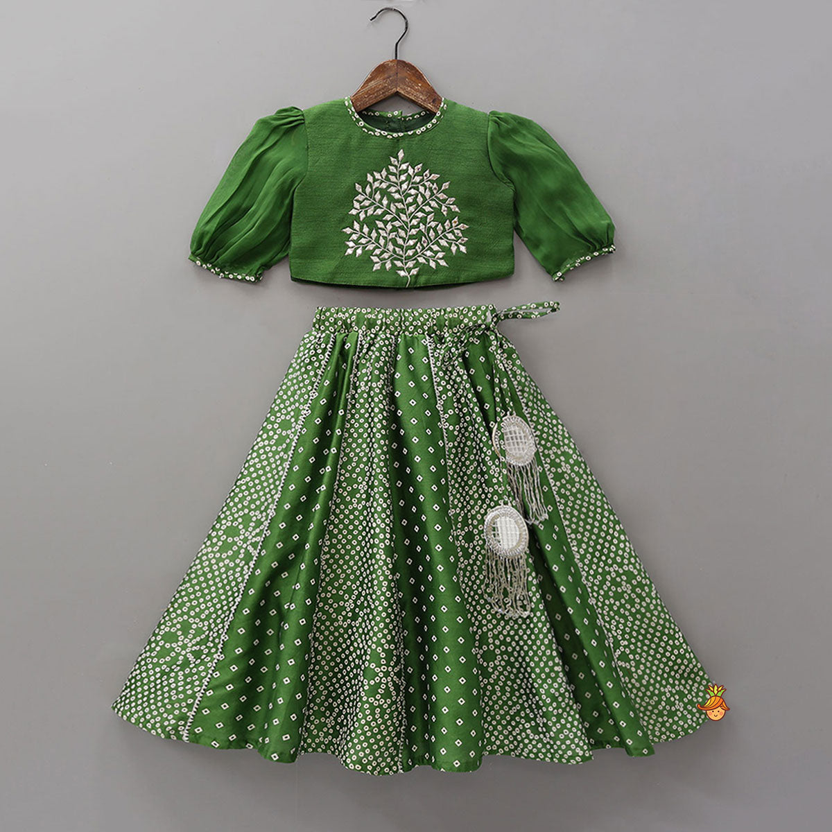 Pre Order: Faux Mirror Work Top And Bandhani Printed Lehenga