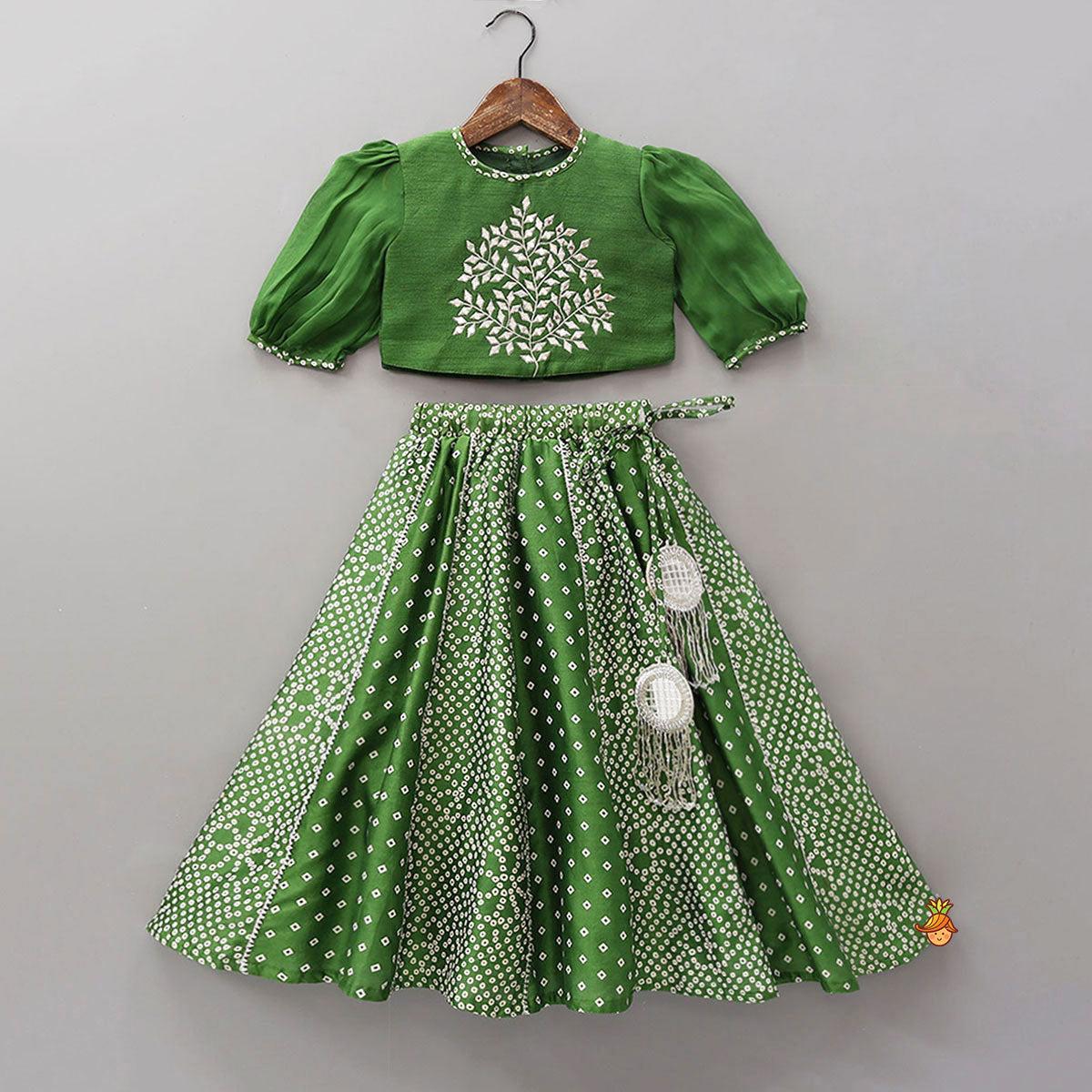 Pre Order: Faux Mirror Work Top And Bandhani Printed Lehenga