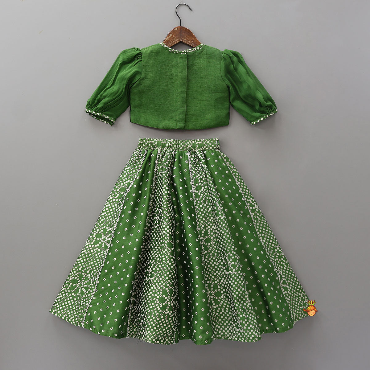 Pre Order: Faux Mirror Work Top And Bandhani Printed Lehenga