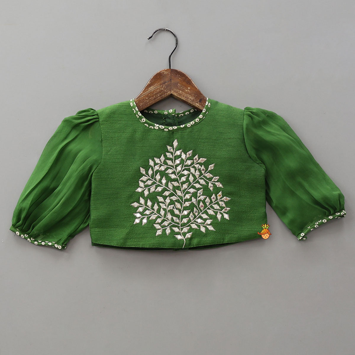 Pre Order: Faux Mirror Work Top And Bandhani Printed Lehenga