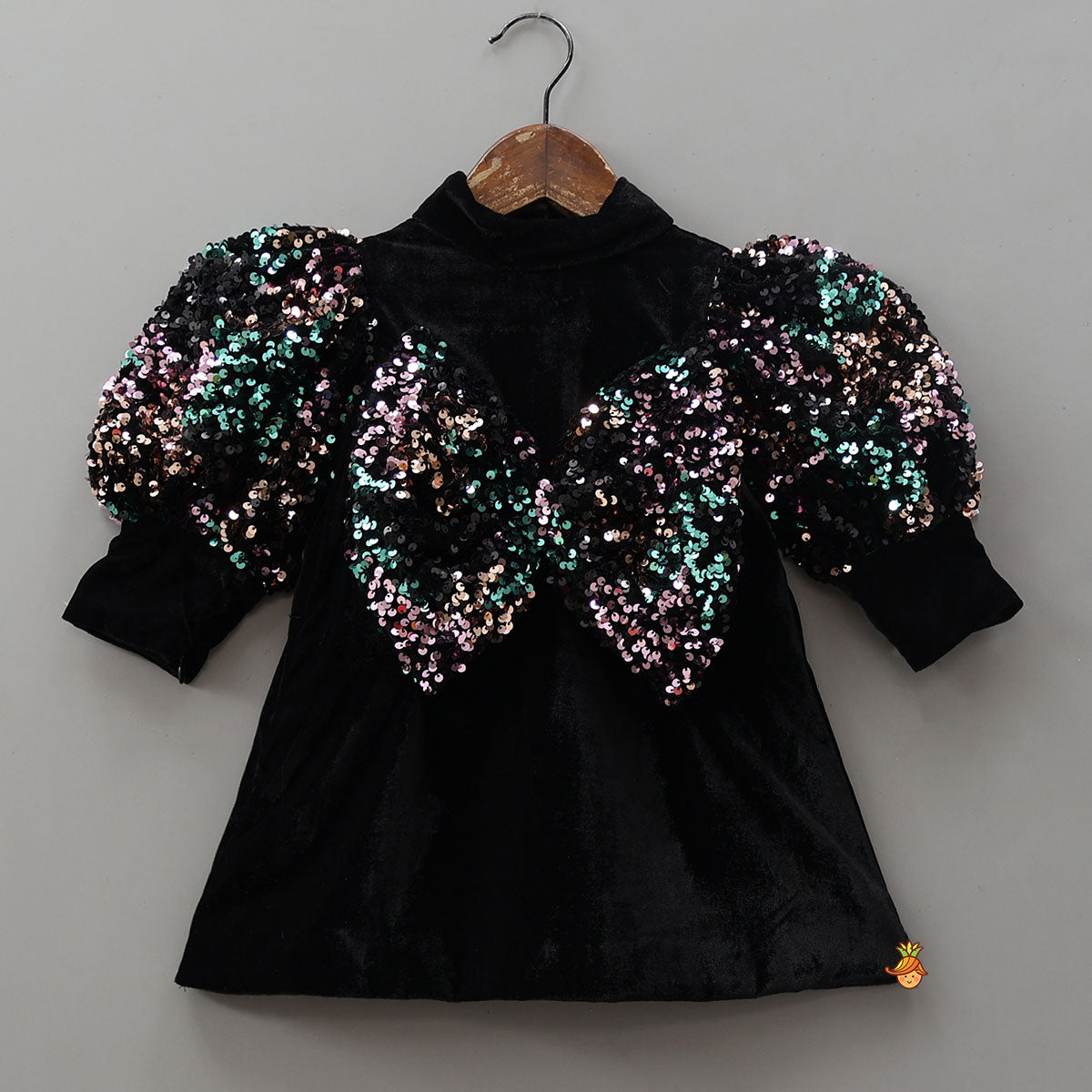 Pre Order: Black Velvet Sequin Bow Adorned Dress
