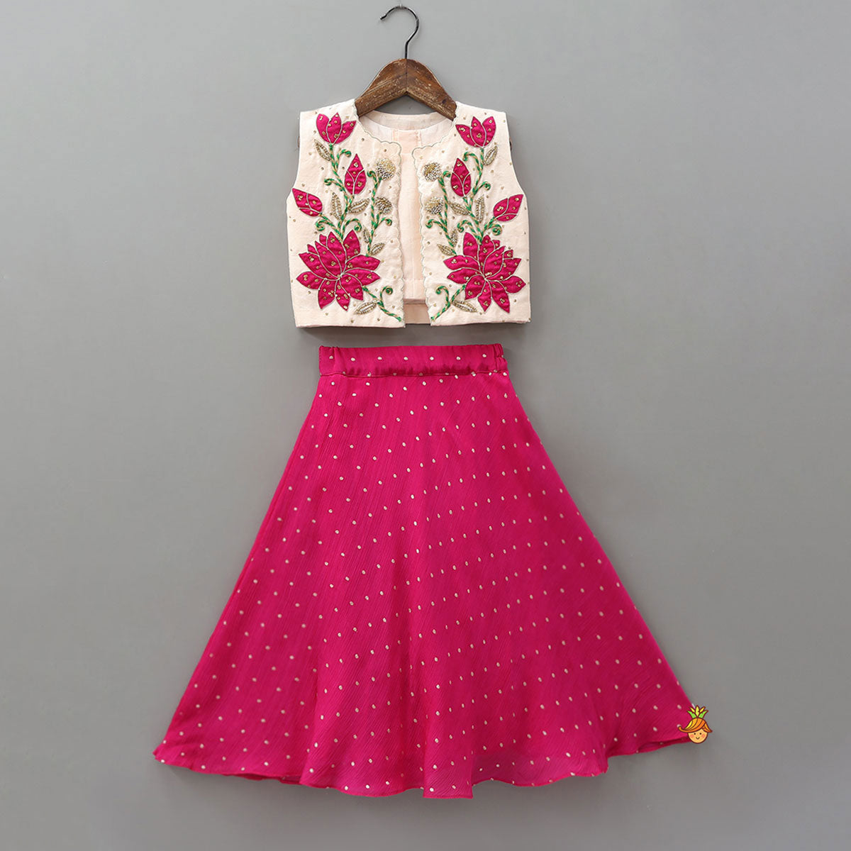 Sleeveless Top With Embroidered Jacket And Booti Work Lehenga