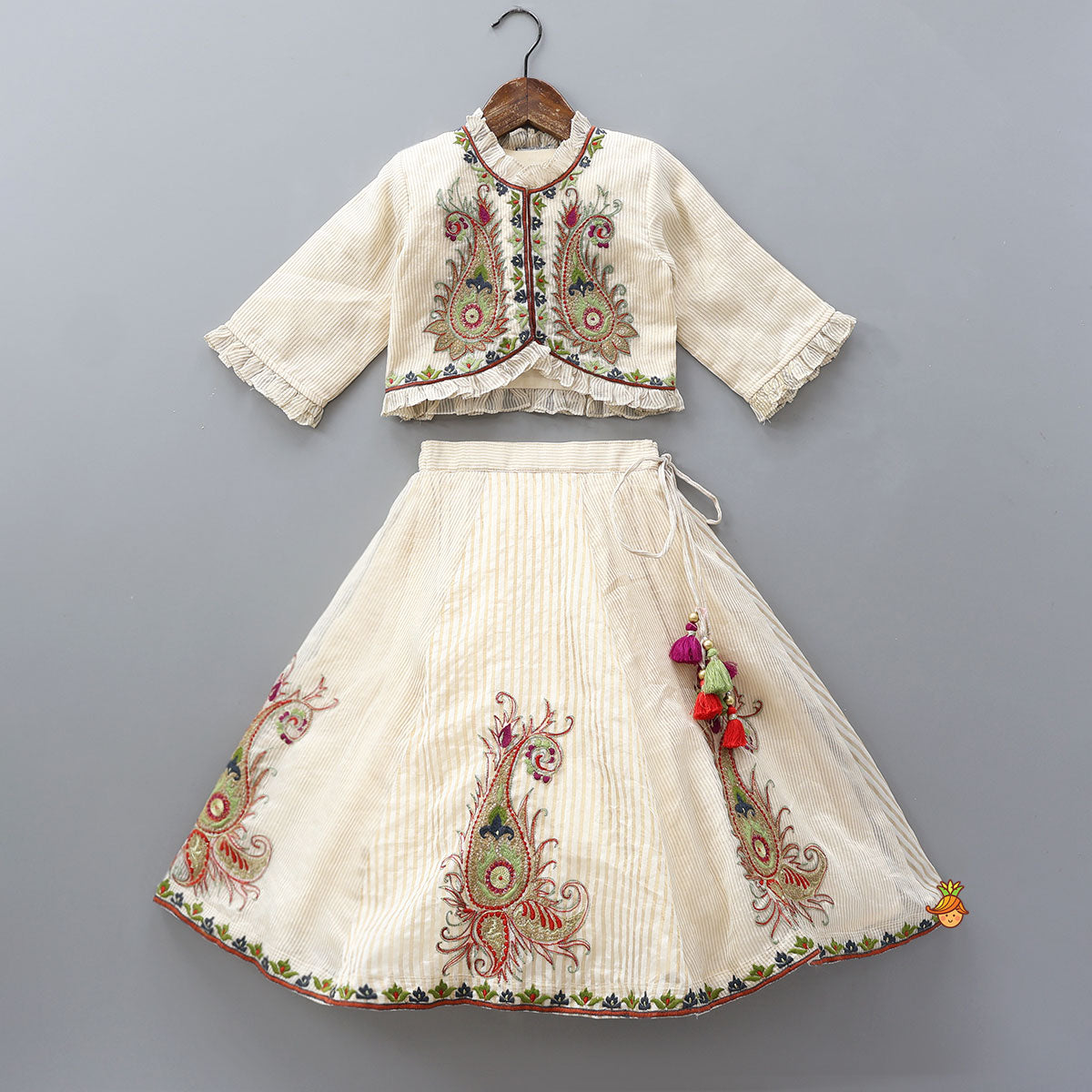 Pre Order: Thread Embroidered Frills Enhanced Top And Lehenga