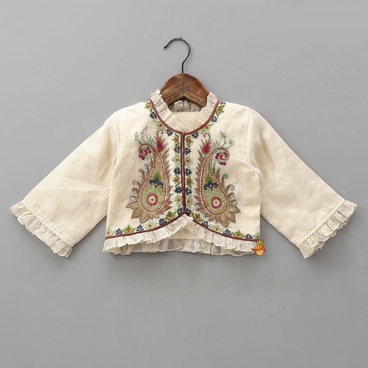 Pre Order: Thread Embroidered Frills Enhanced Top And Lehenga