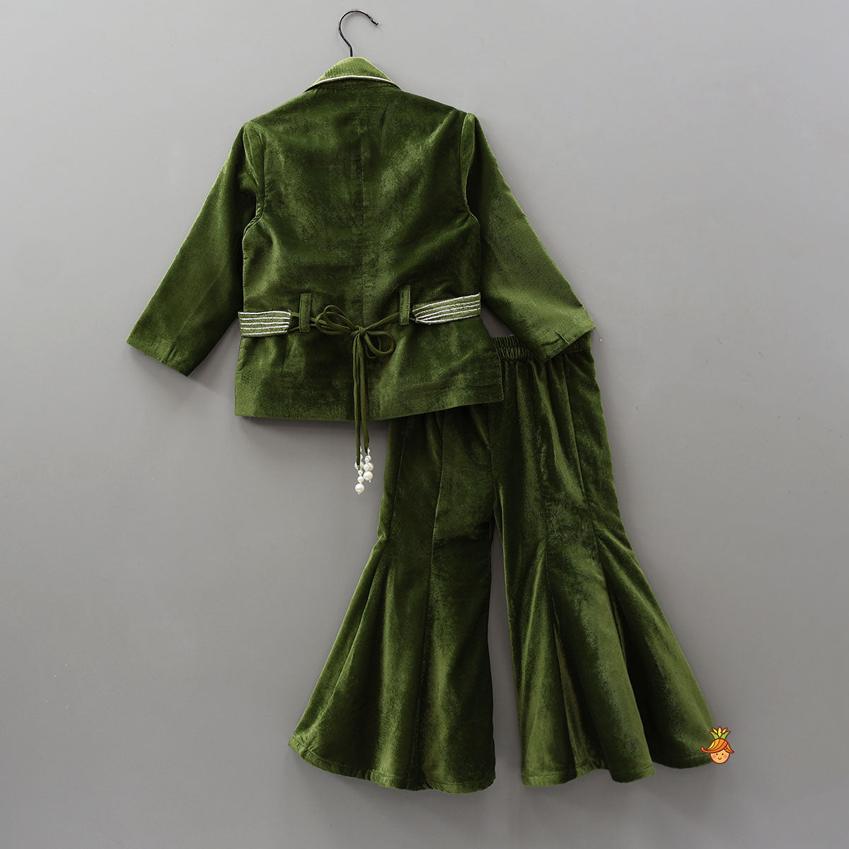 Pre Order: Embellished Velvet Jacket Top With Flared Pants And Embroidered Belt