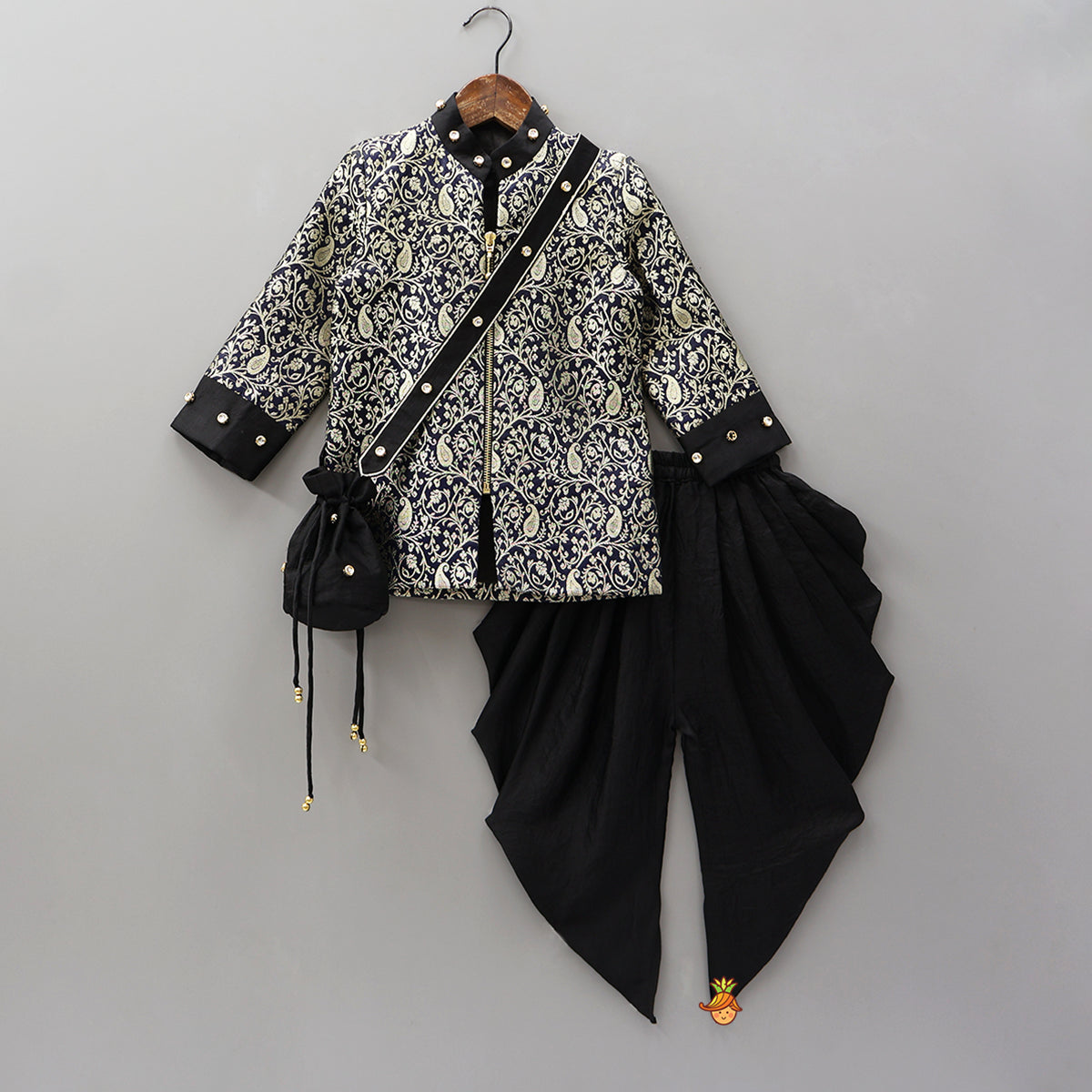 Pre Order: Brocade Jacket Style Top And Dhoti With Matching Potli Bag