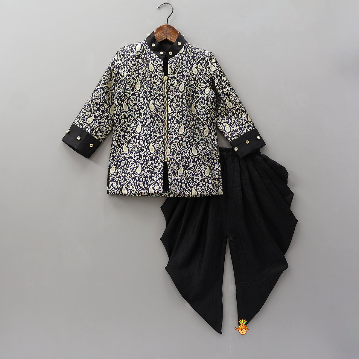 Pre Order: Brocade Jacket Style Top And Dhoti With Matching Potli Bag