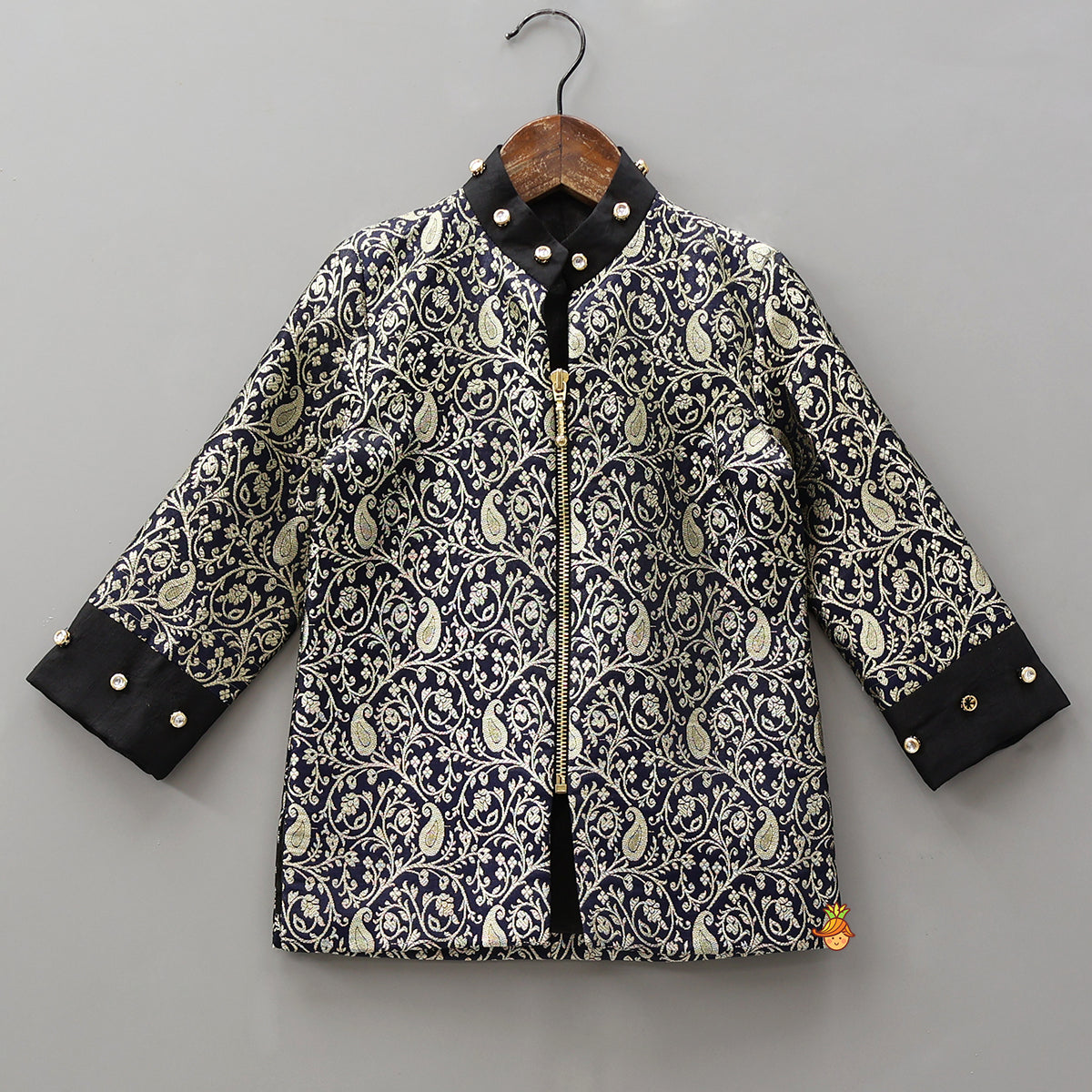 Pre Order: Brocade Jacket Style Top And Dhoti With Matching Potli Bag