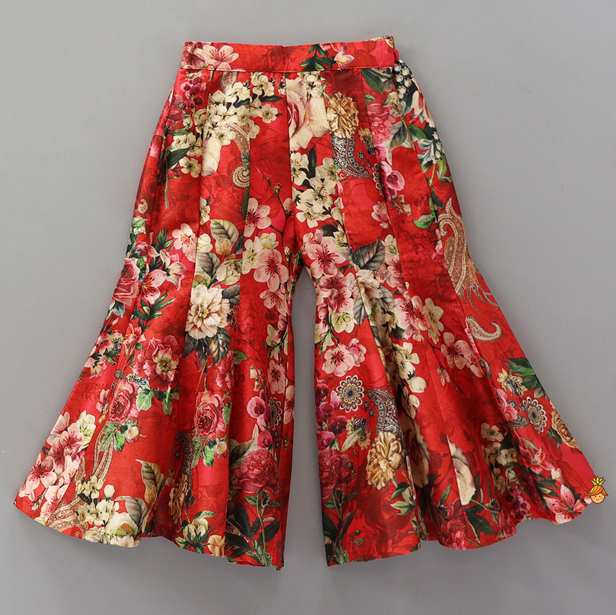 Pre Order: Exquisite Floral Printed Jacket Style Top With Flared Pants And Embroidered Belt