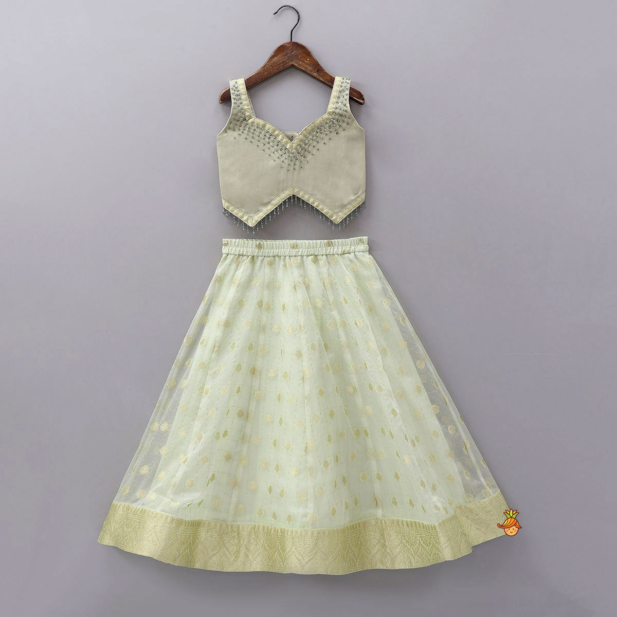 Pre Order: Stylish Hem Top With Checks Work Organza Lehenga