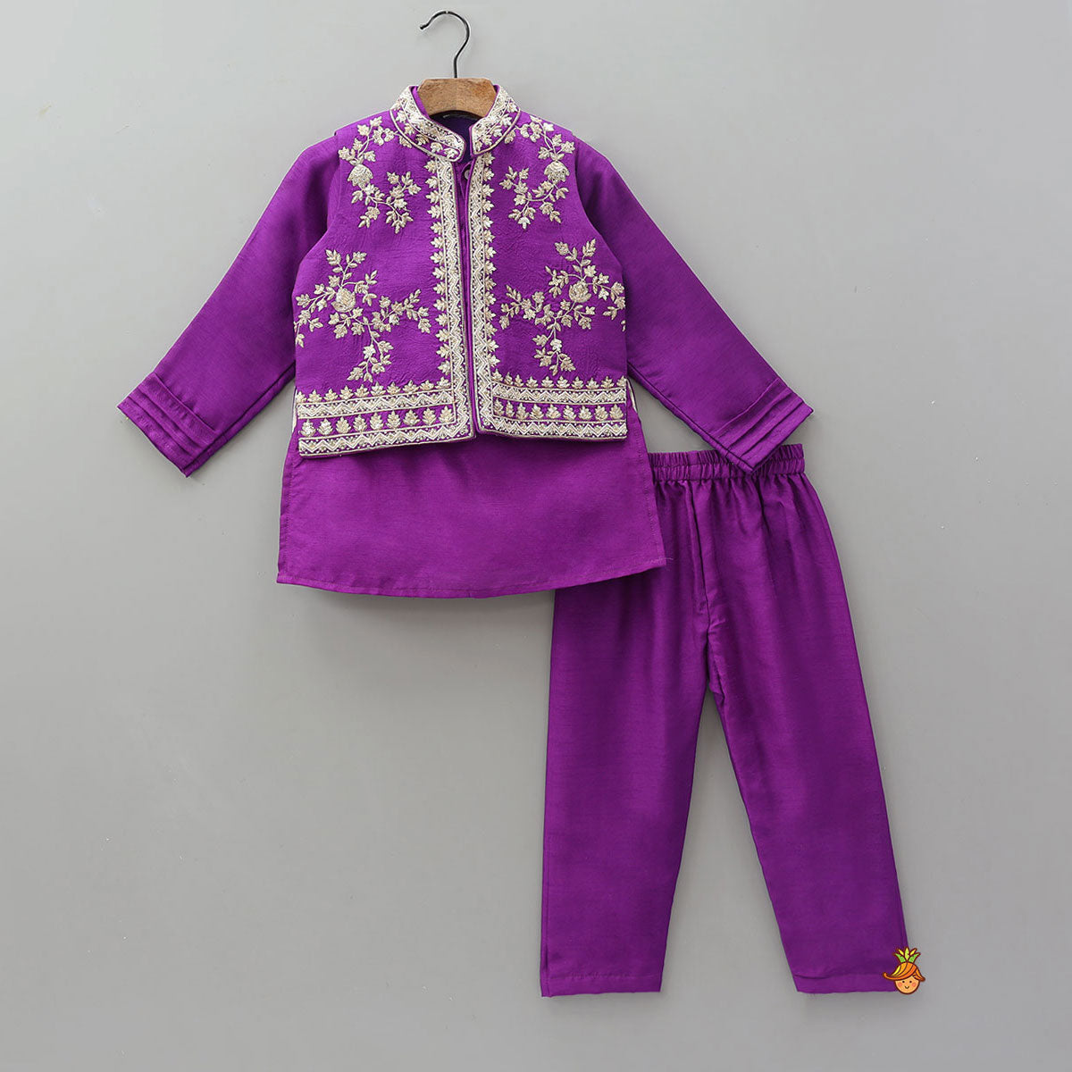 Pre Order: Mandarin Collar Kurta With Embroidered Jacket And Pyjama