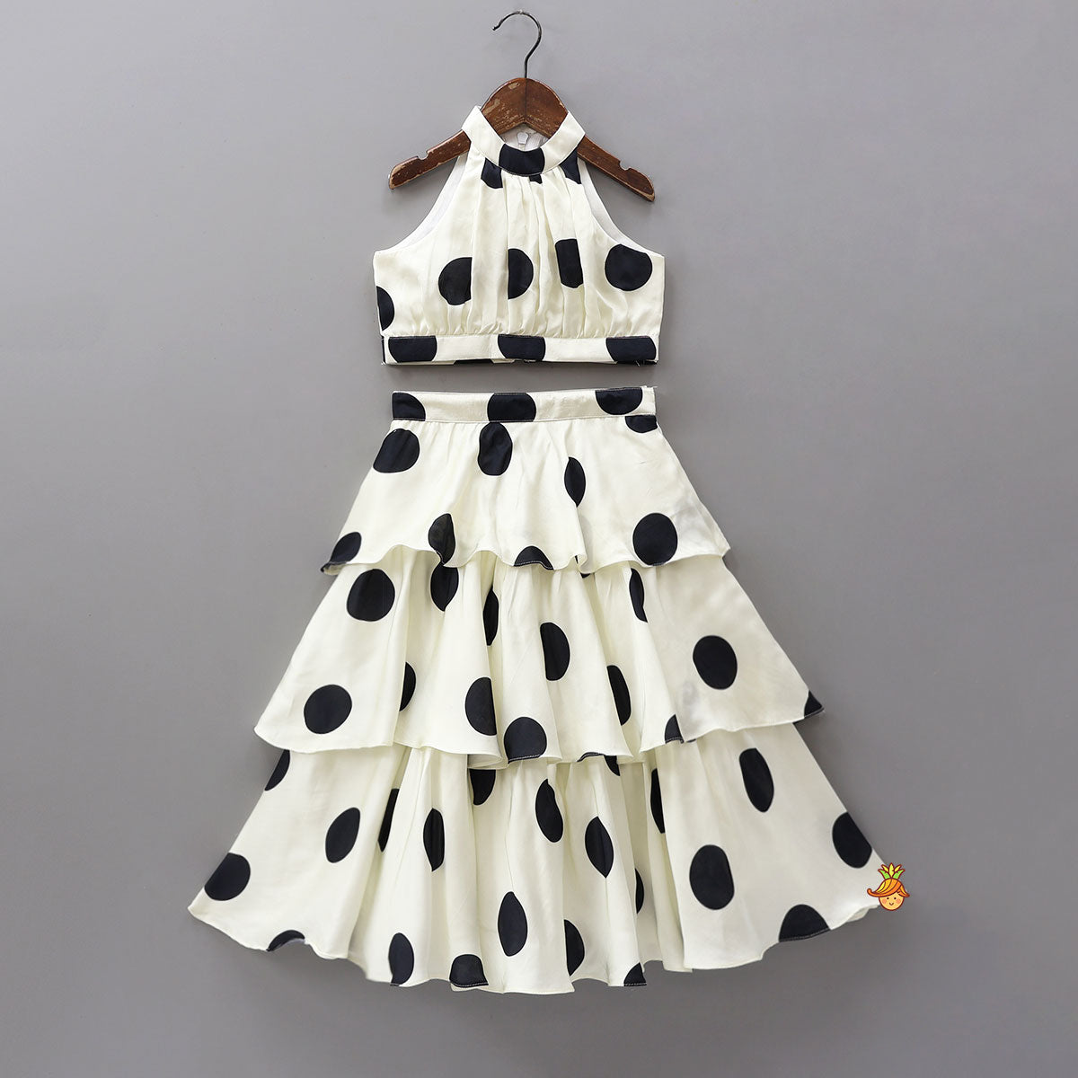 Pre Order: Stunning Halter Neck Polka Dot Printed Top With Matching Layered Skirt