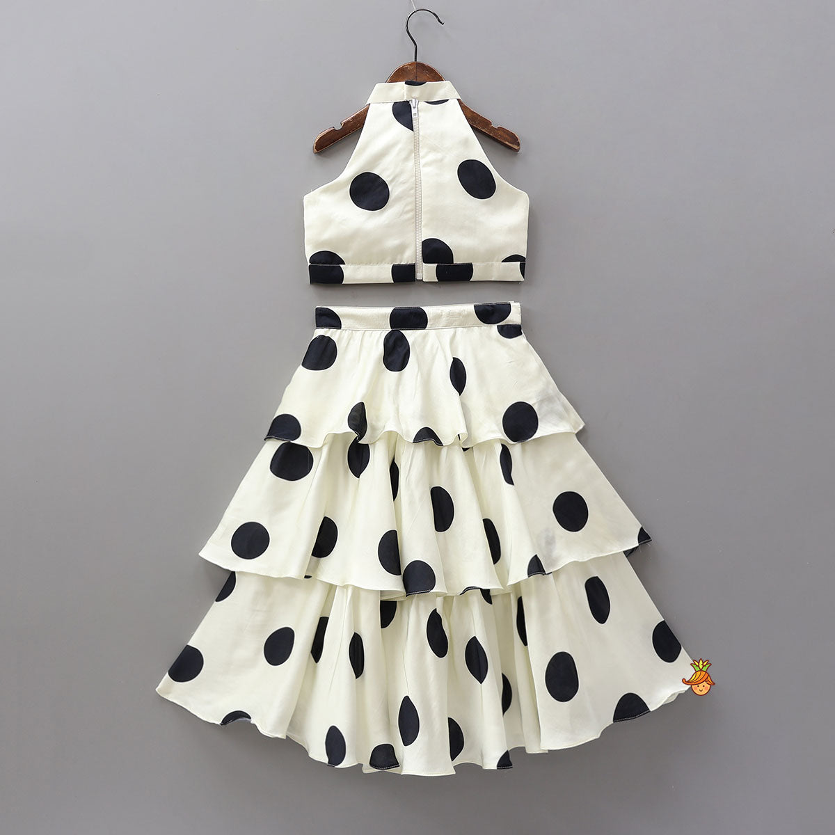 Pre Order: Stunning Halter Neck Polka Dot Printed Top With Matching Layered Skirt