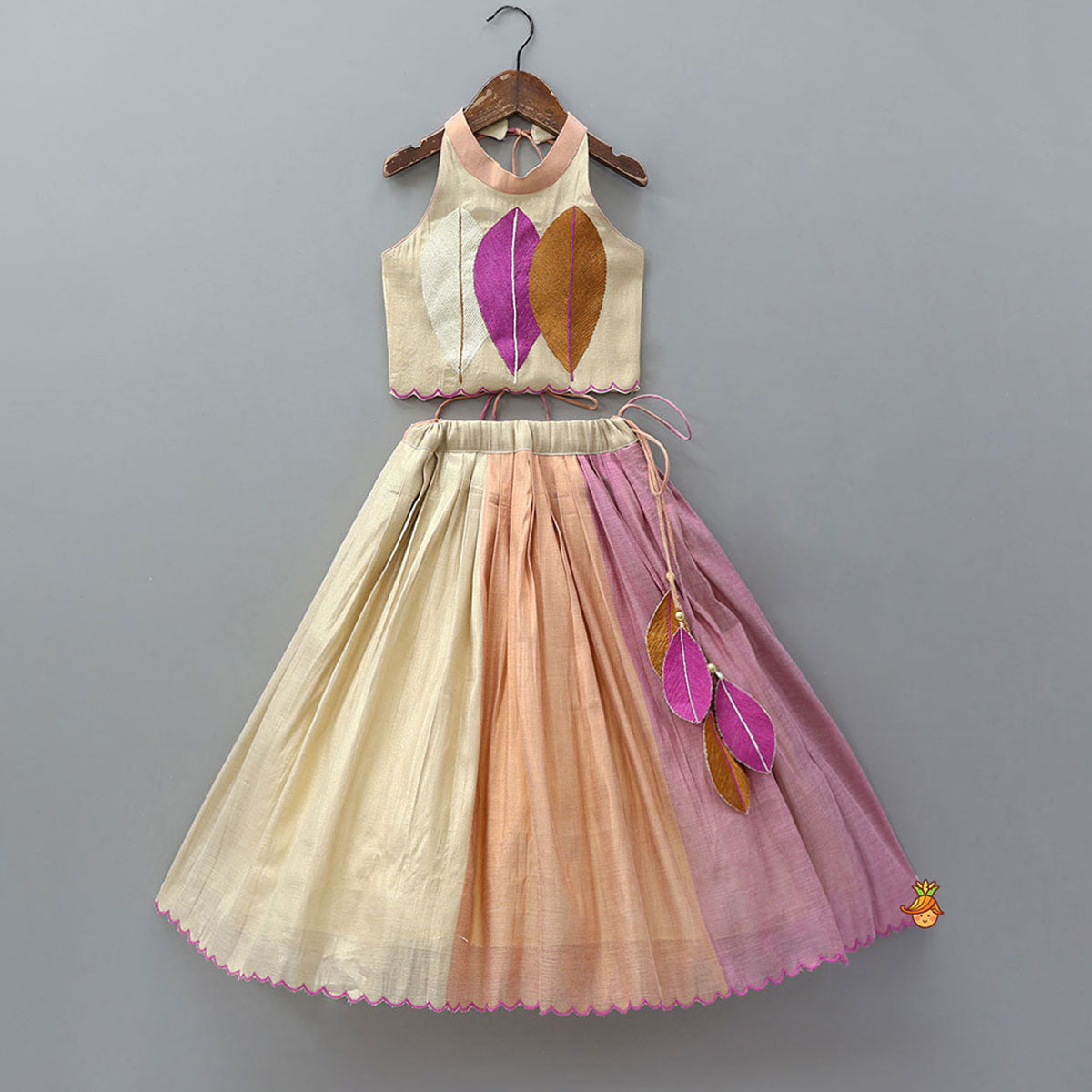 Pre Order: Scalloped Hem Shimmery Top And Panel Lehenga