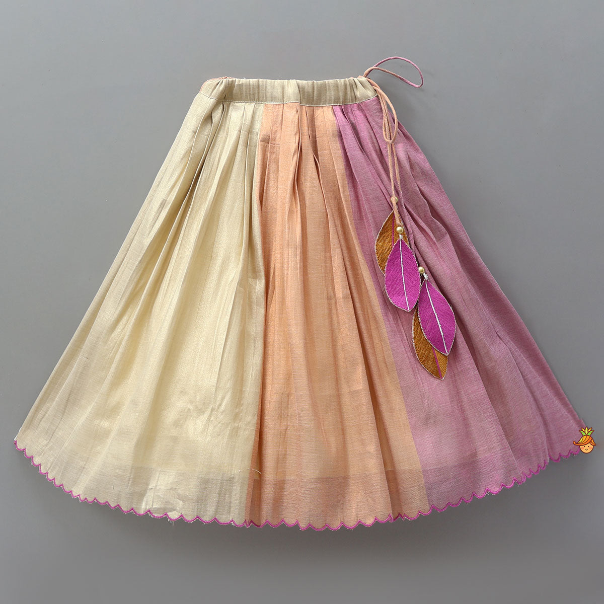 Pre Order: Scalloped Hem Shimmery Top And Panel Lehenga