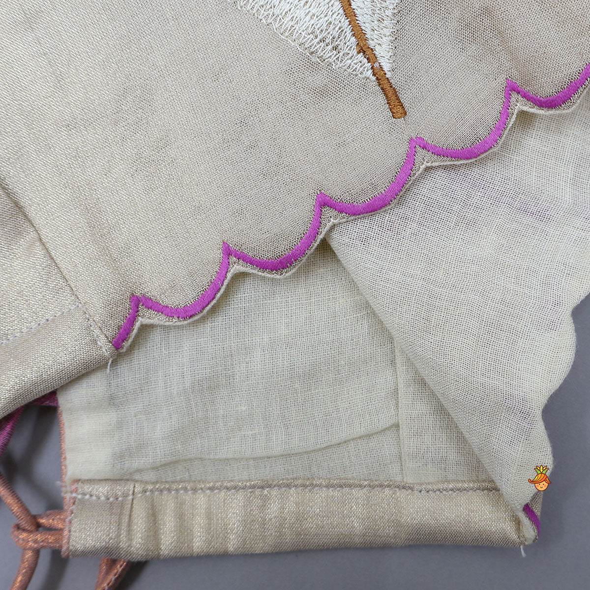 Pre Order: Scalloped Hem Shimmery Top And Panel Lehenga