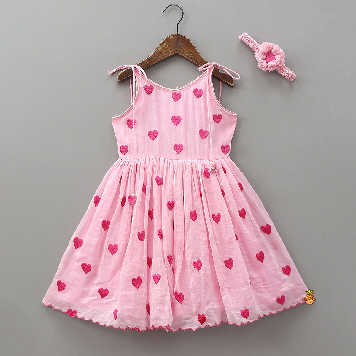Pre Order: Cute Hearts Embroidered Tie Up Dress With Matching Headband