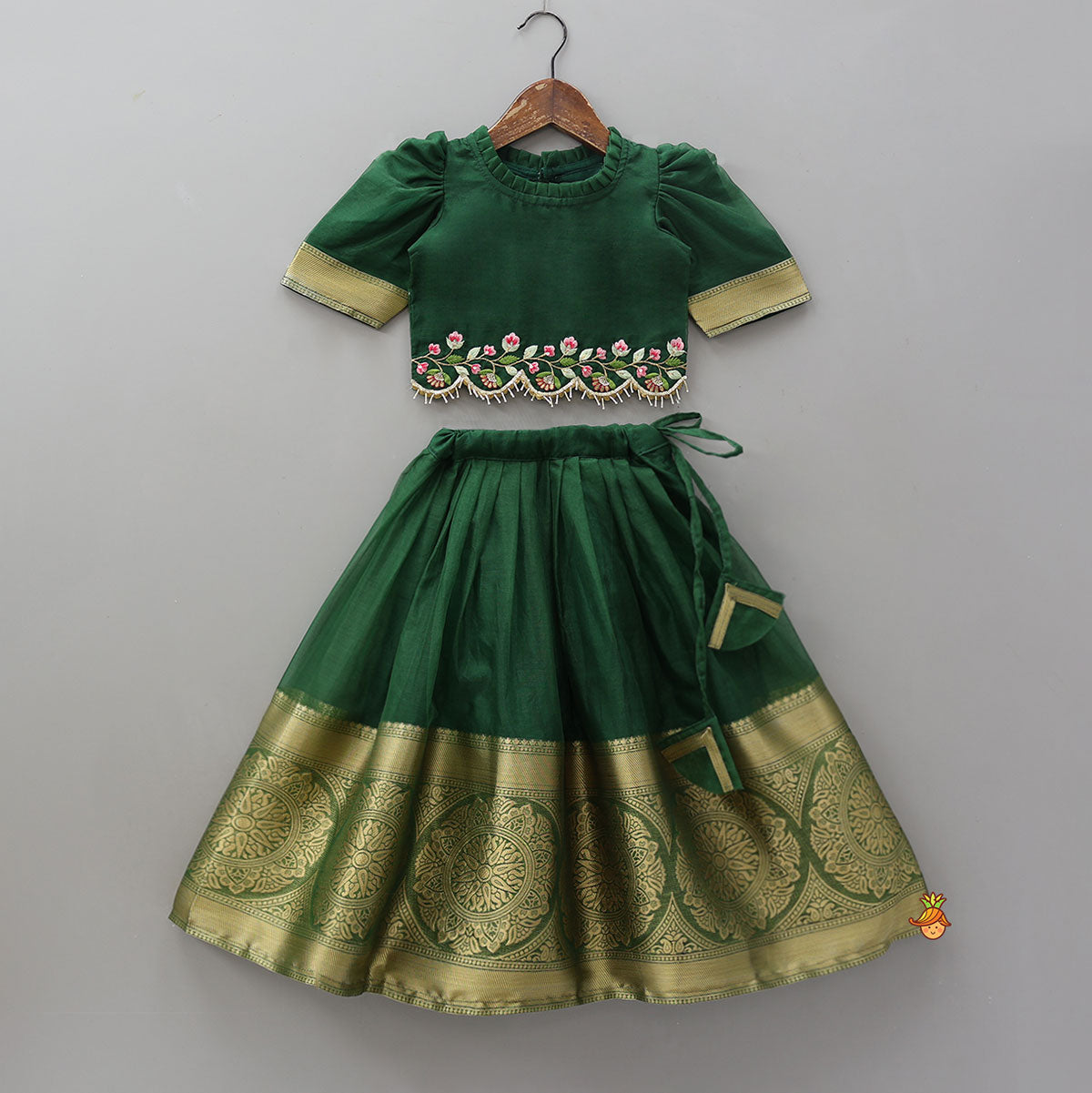 Pre Order: Floral-Embroidered Hem Top And Pleated Lehenga