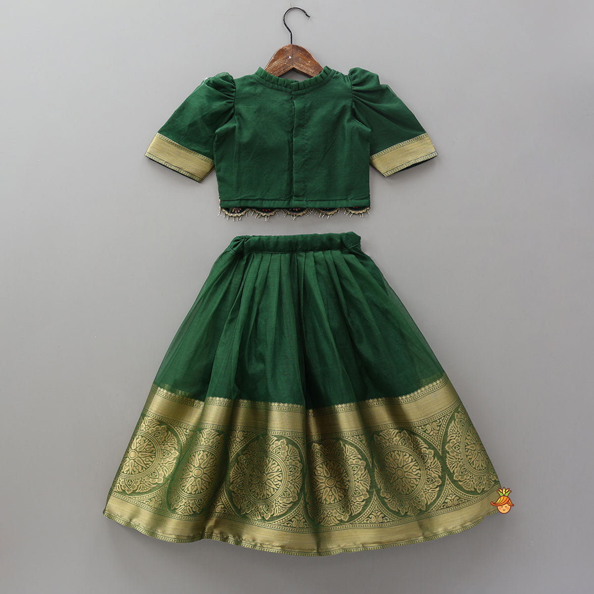 Pre Order: Floral-Embroidered Hem Top And Pleated Lehenga