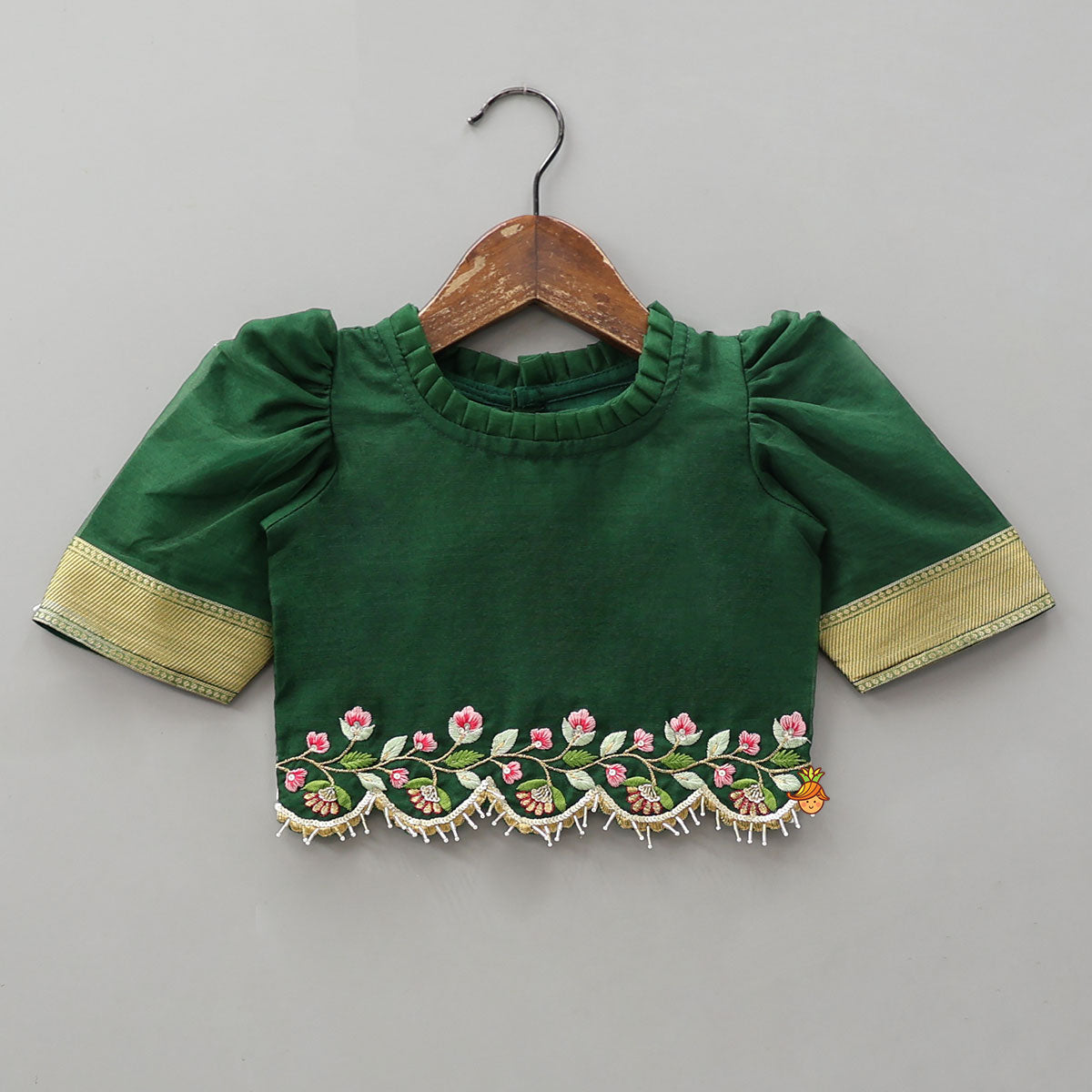 Pre Order: Floral-Embroidered Hem Top And Pleated Lehenga