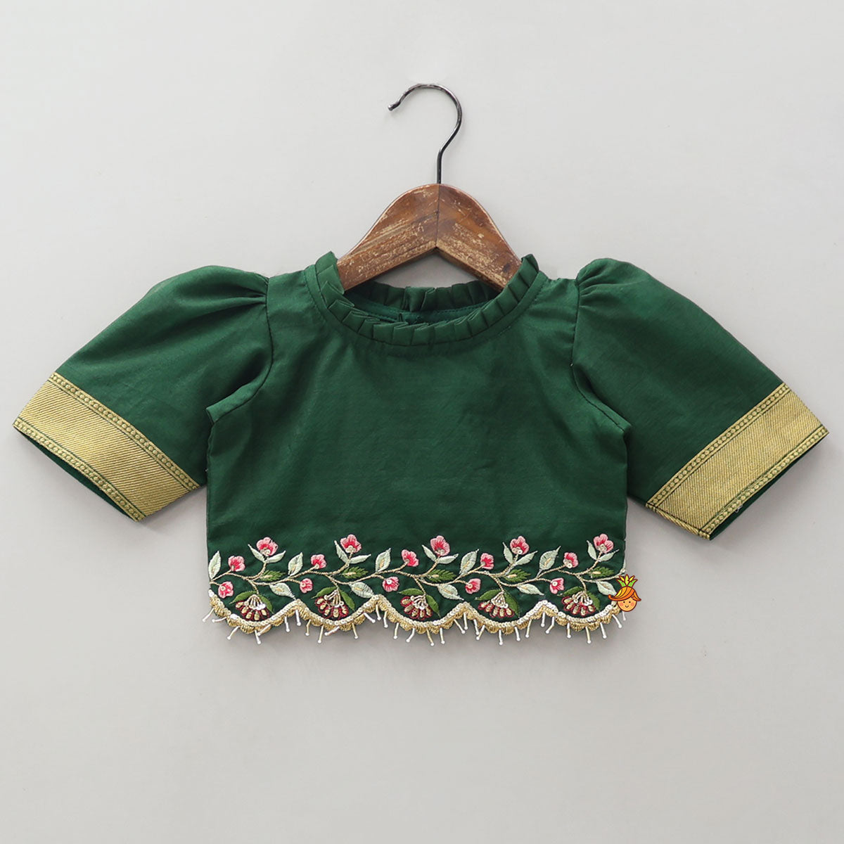 Pre Order: Floral Embroidered Scalloped Hem Top And Pleated Lehenga
