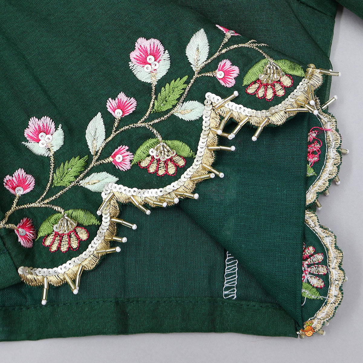 Pre Order: Floral-Embroidered Hem Top And Pleated Lehenga