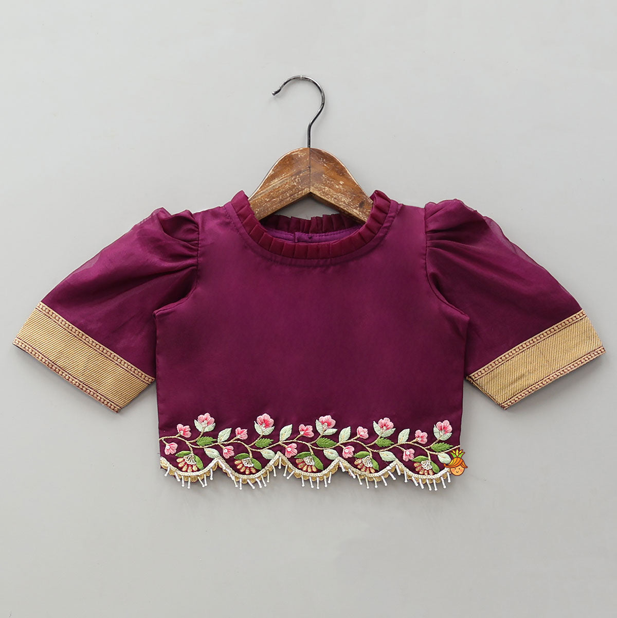 Pre Order: Floral-Embroidered Scalloped Hem Top And Pleated Lehenga