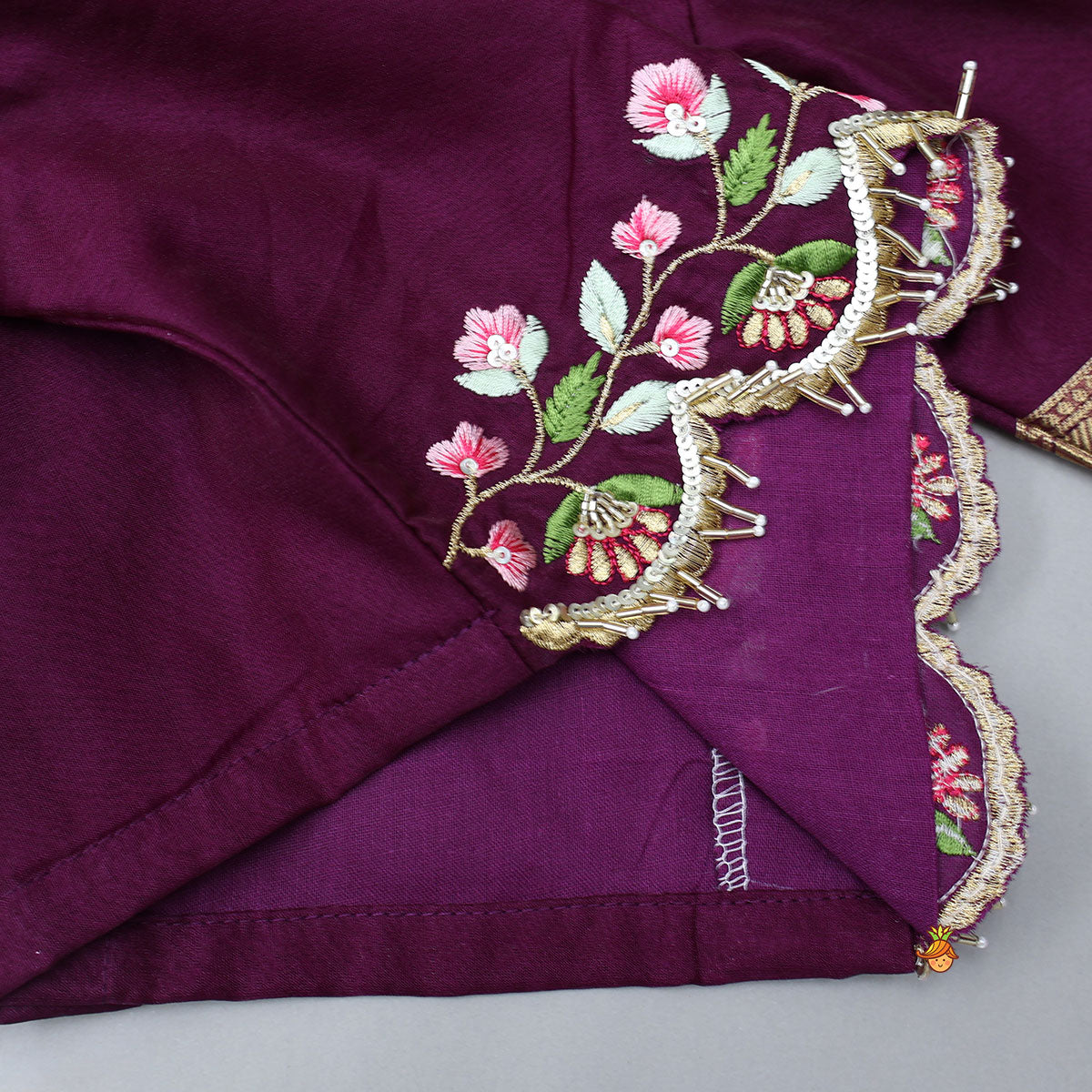 Pre Order: Floral-Embroidered Scalloped Hem Top And Pleated Lehenga