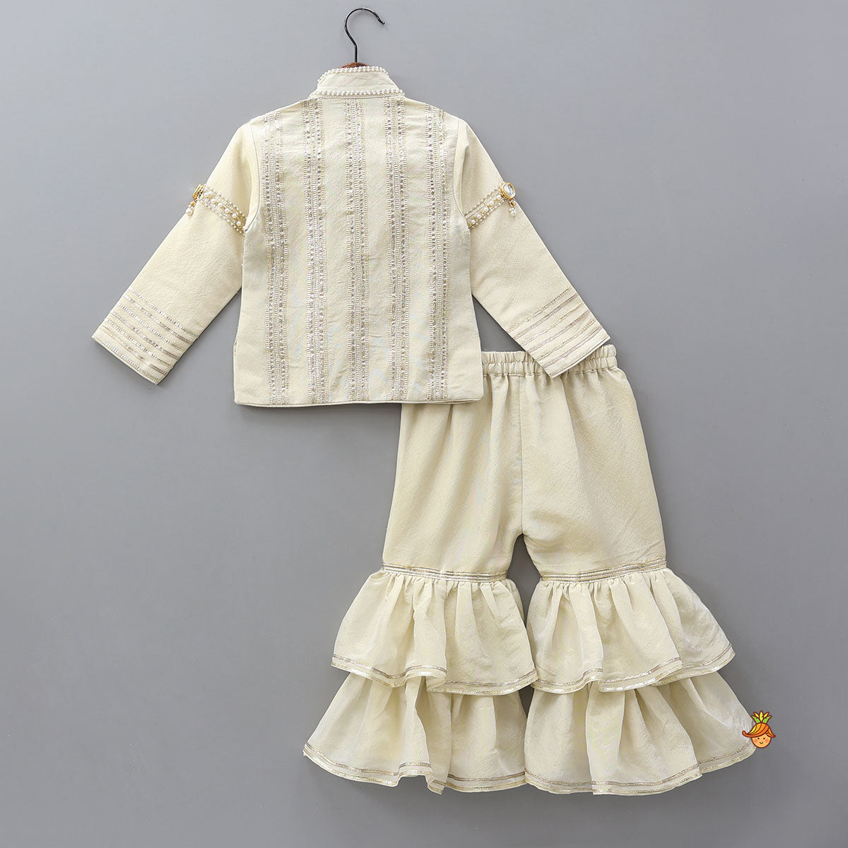 Pre Order: Shimmery Front Open Embroidered Top And Layered Sharara With Contrasting Dupatta