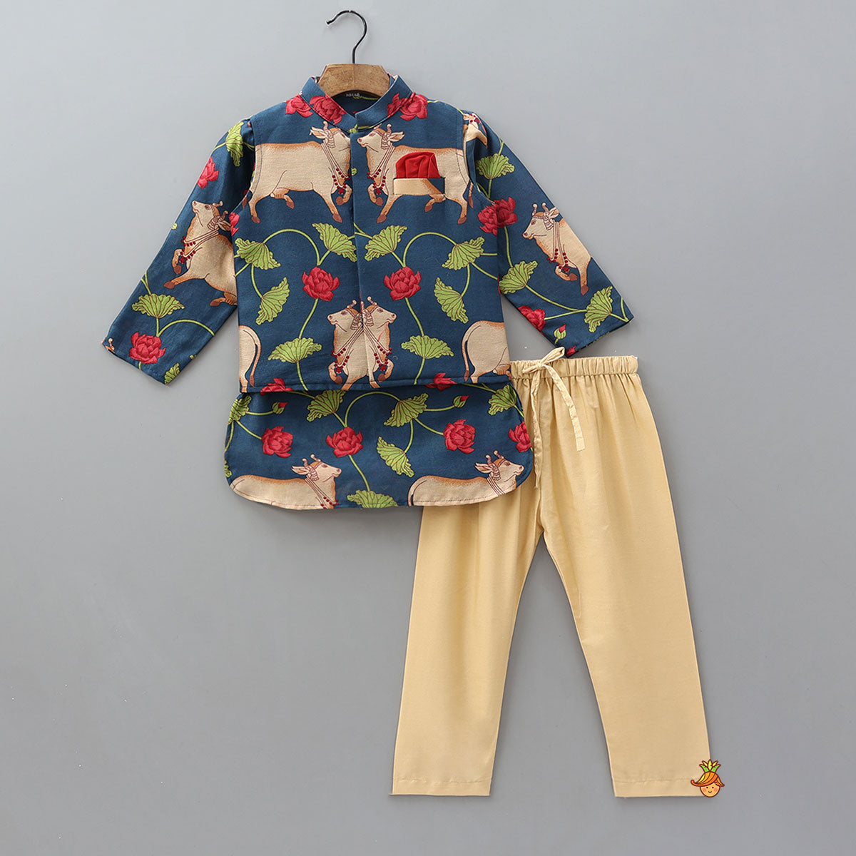 Pre Order: Curved Hem Kurta With Printed Jacket And Pyjama