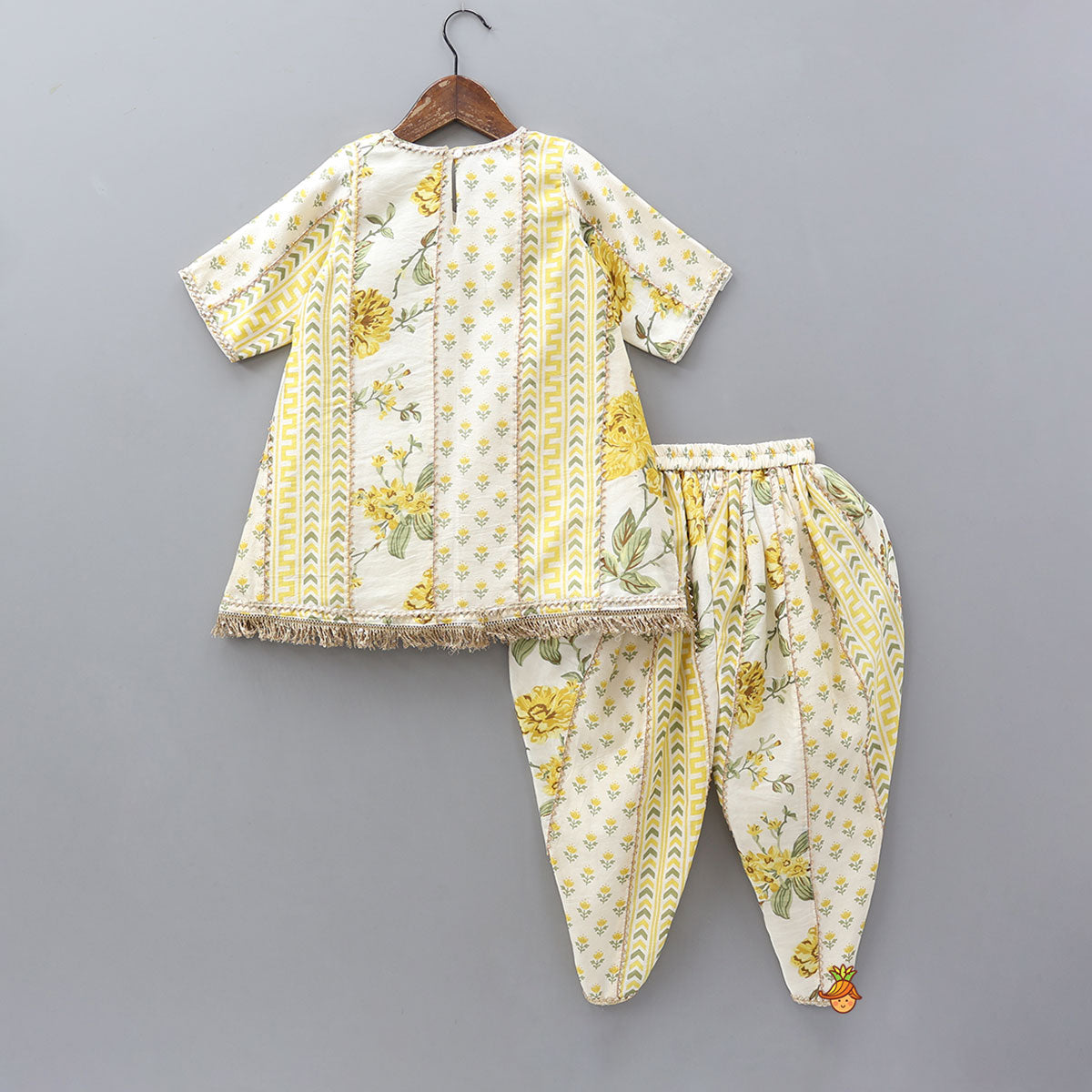 Pre Order: Printed Flared Kurti And Matching Dhoti With Net Dupatta